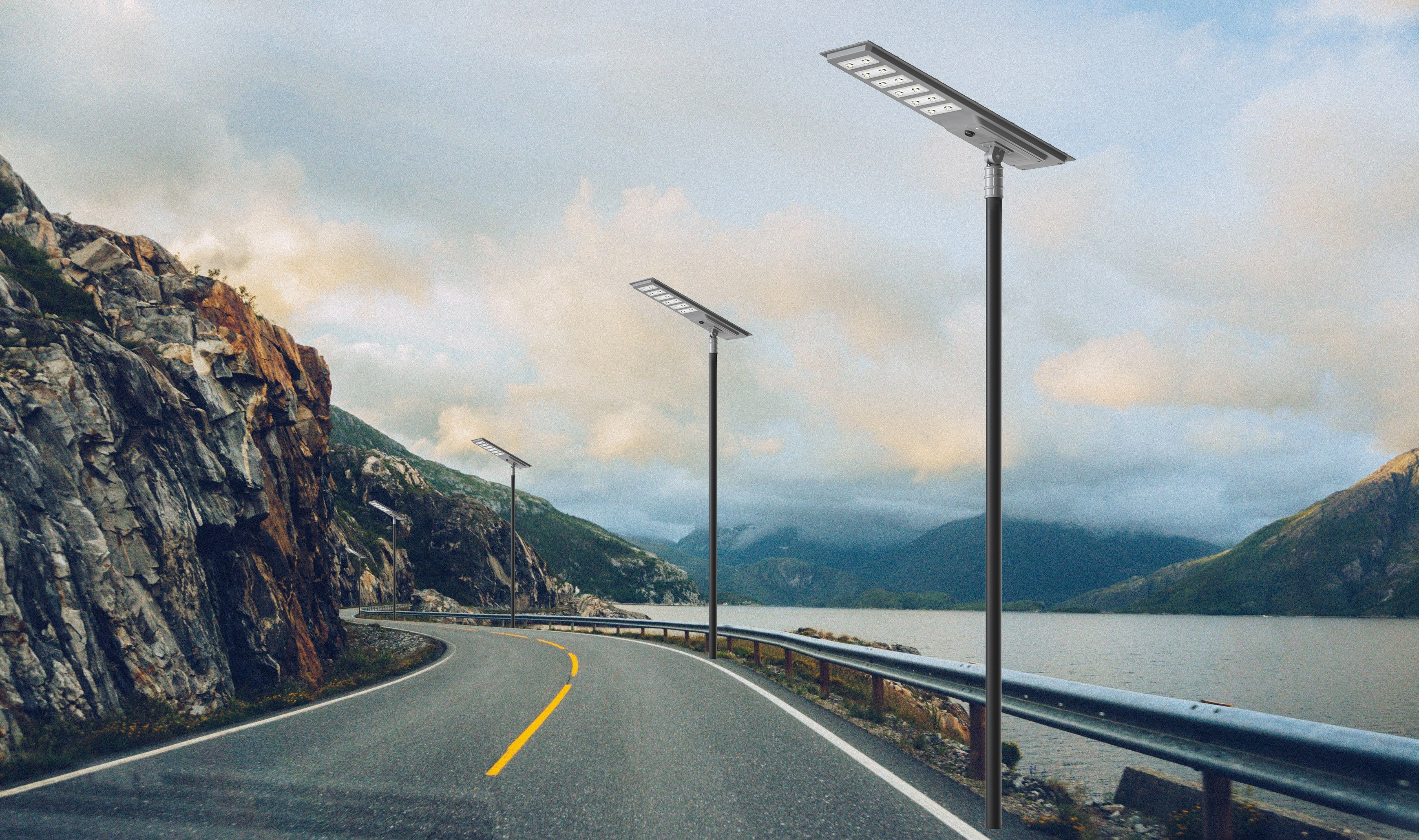 Solar street lights installed along a road